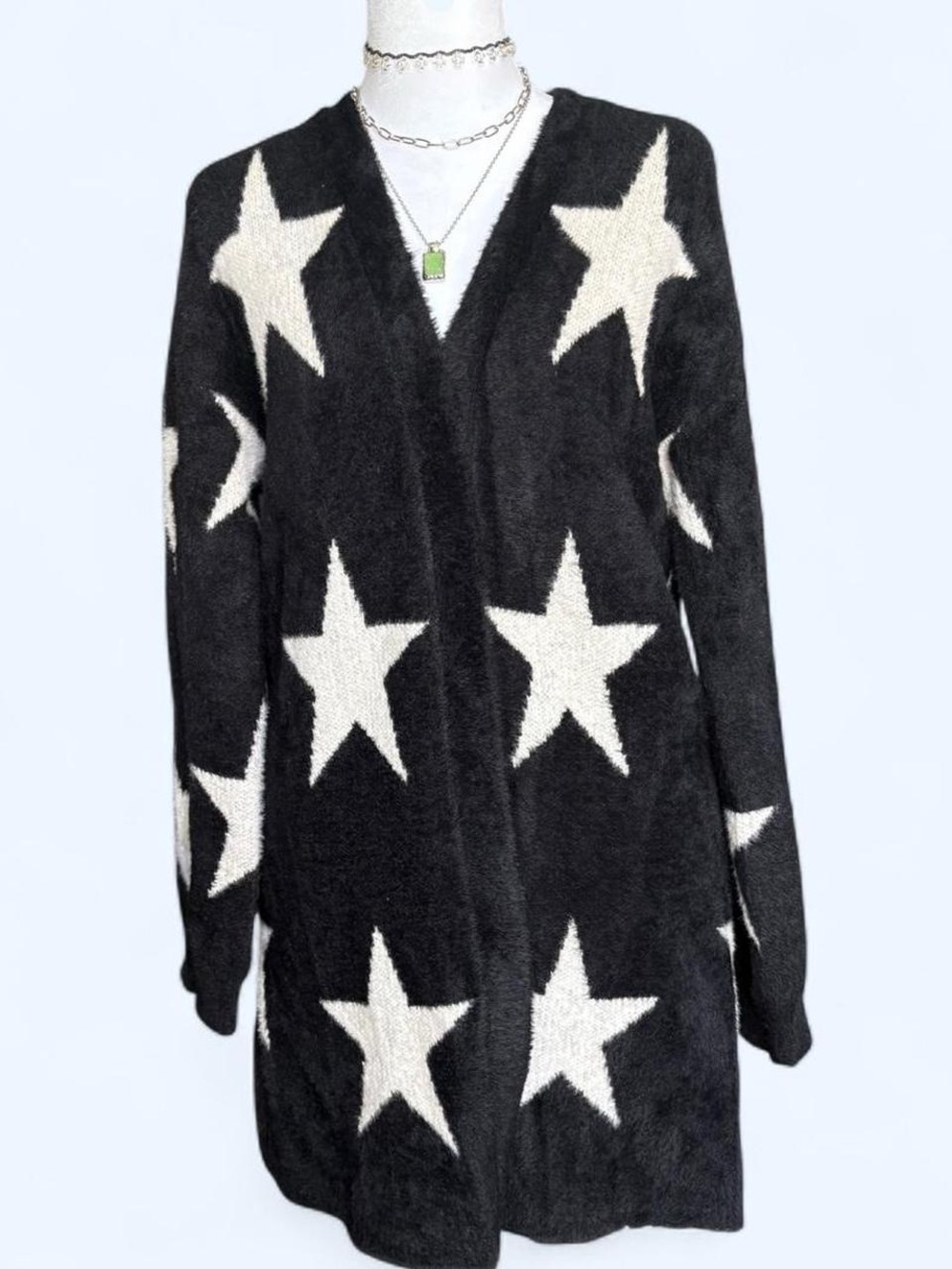Philosophy Fuzzy cozy Star Pattern Black & White Open Cardigan Sweater